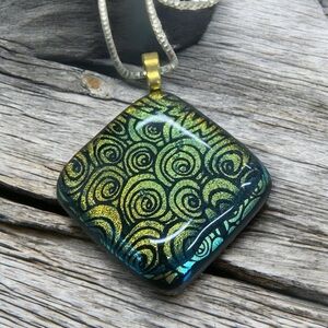 Black & Dichroic Gold Swirl fused glass pendant  on 14k 18” Gold Plated Chain